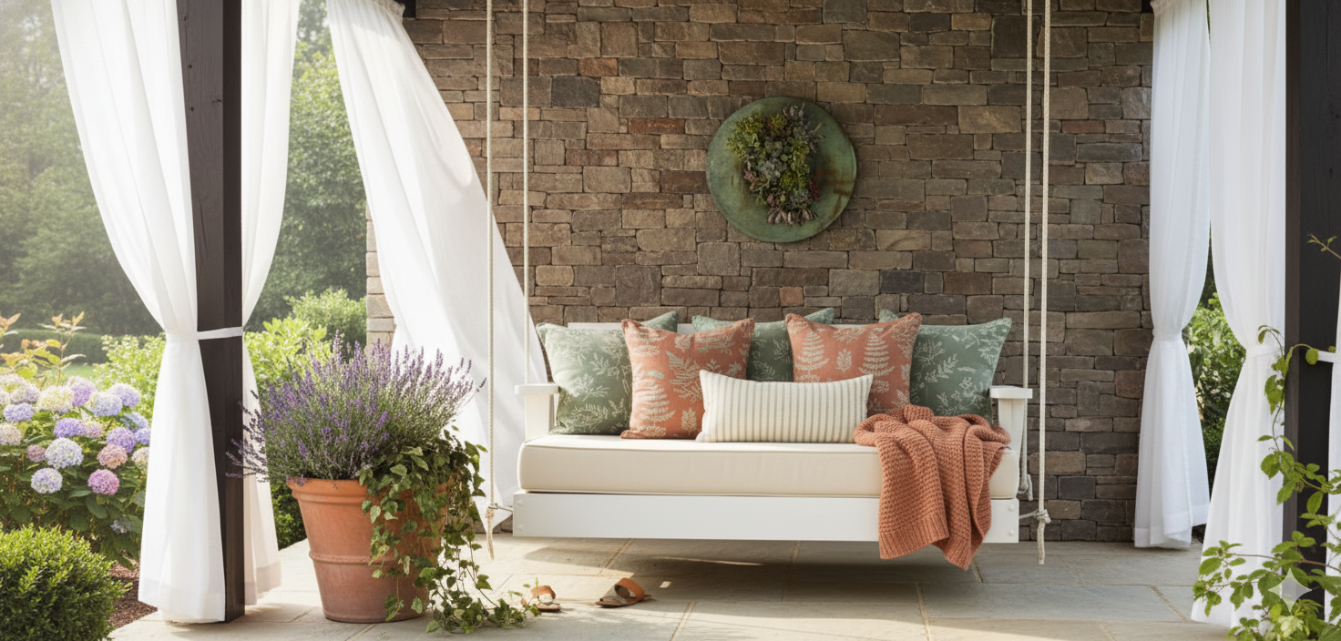 Cozy swing with decorative pillows.