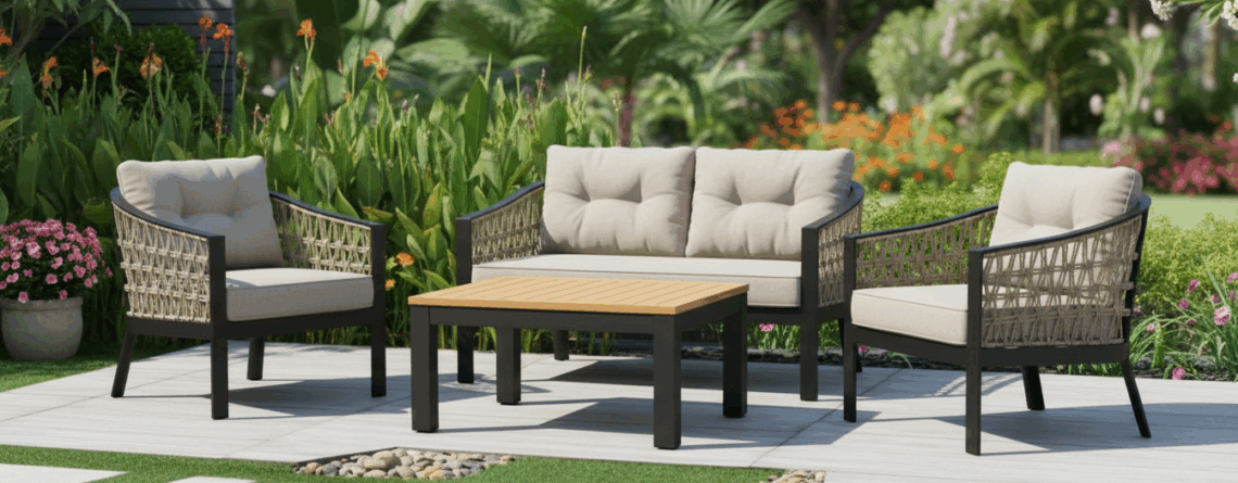 Stylish outdoor patio furniture set on a modern deck, showcasing Vietnamese craftsmanship.