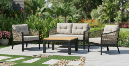 Stylish outdoor patio furniture set on a modern deck, showcasing Vietnamese craftsmanship.